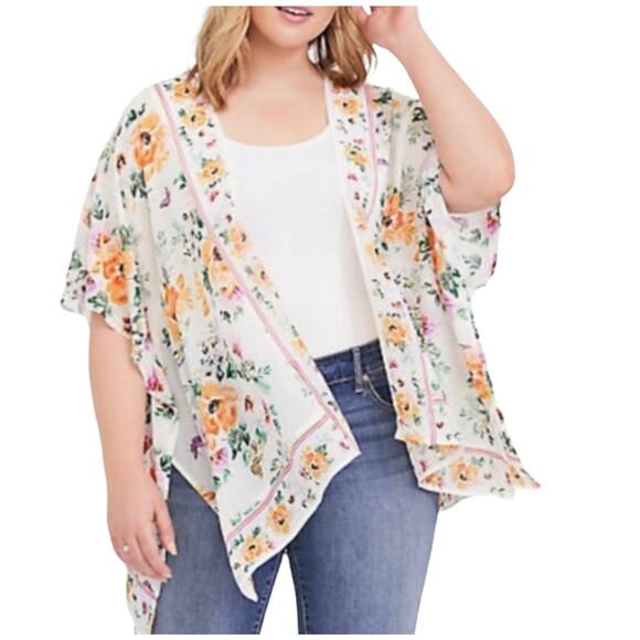 Torrid Ivory‎ Floral Chiffon Spring Summer Essential Kimono Size 00 or M/L - Picture 1 of 6